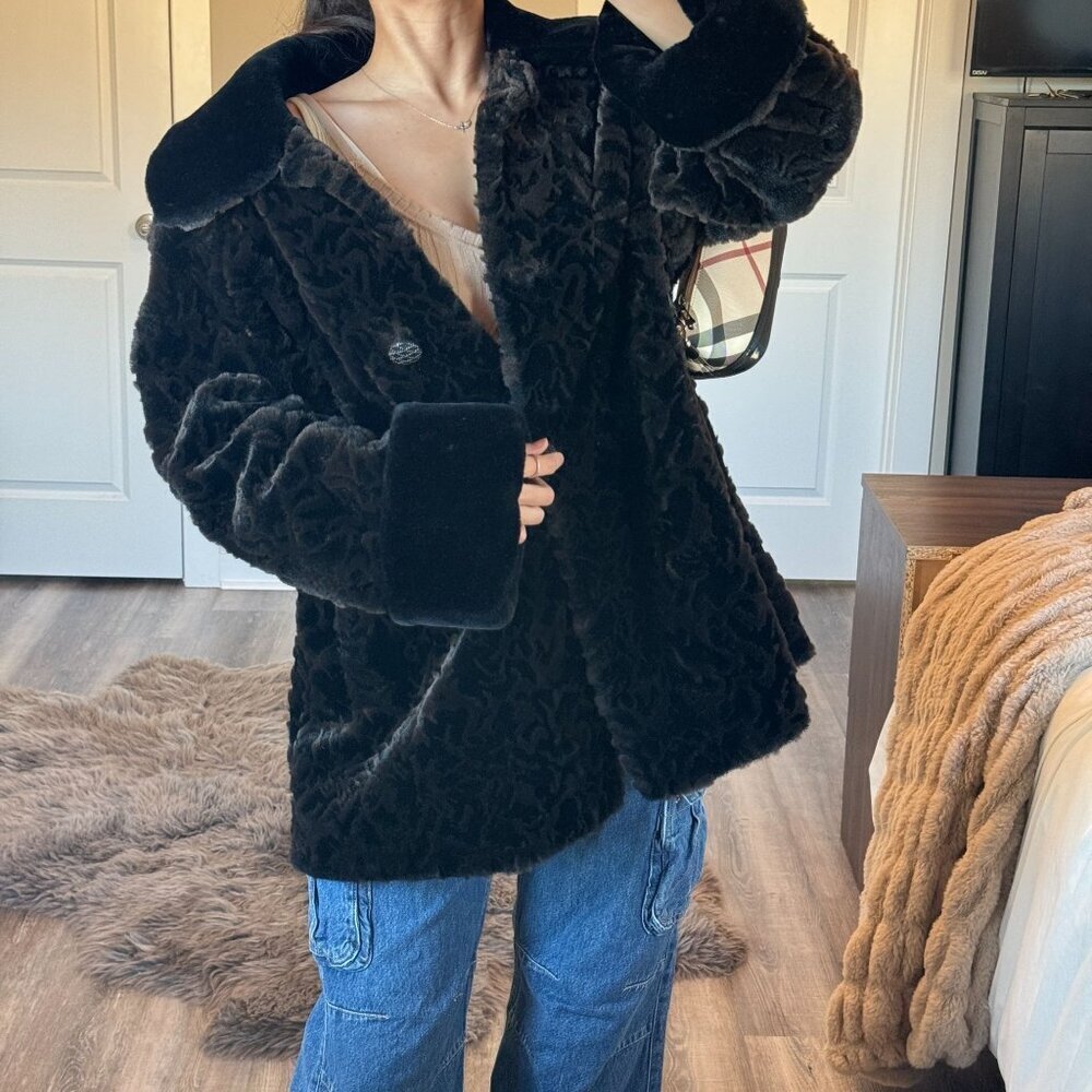 Vintage 90s Faux Fur Teddy Coat Brown/Black Rich Luxury Glam Oversized Womens M